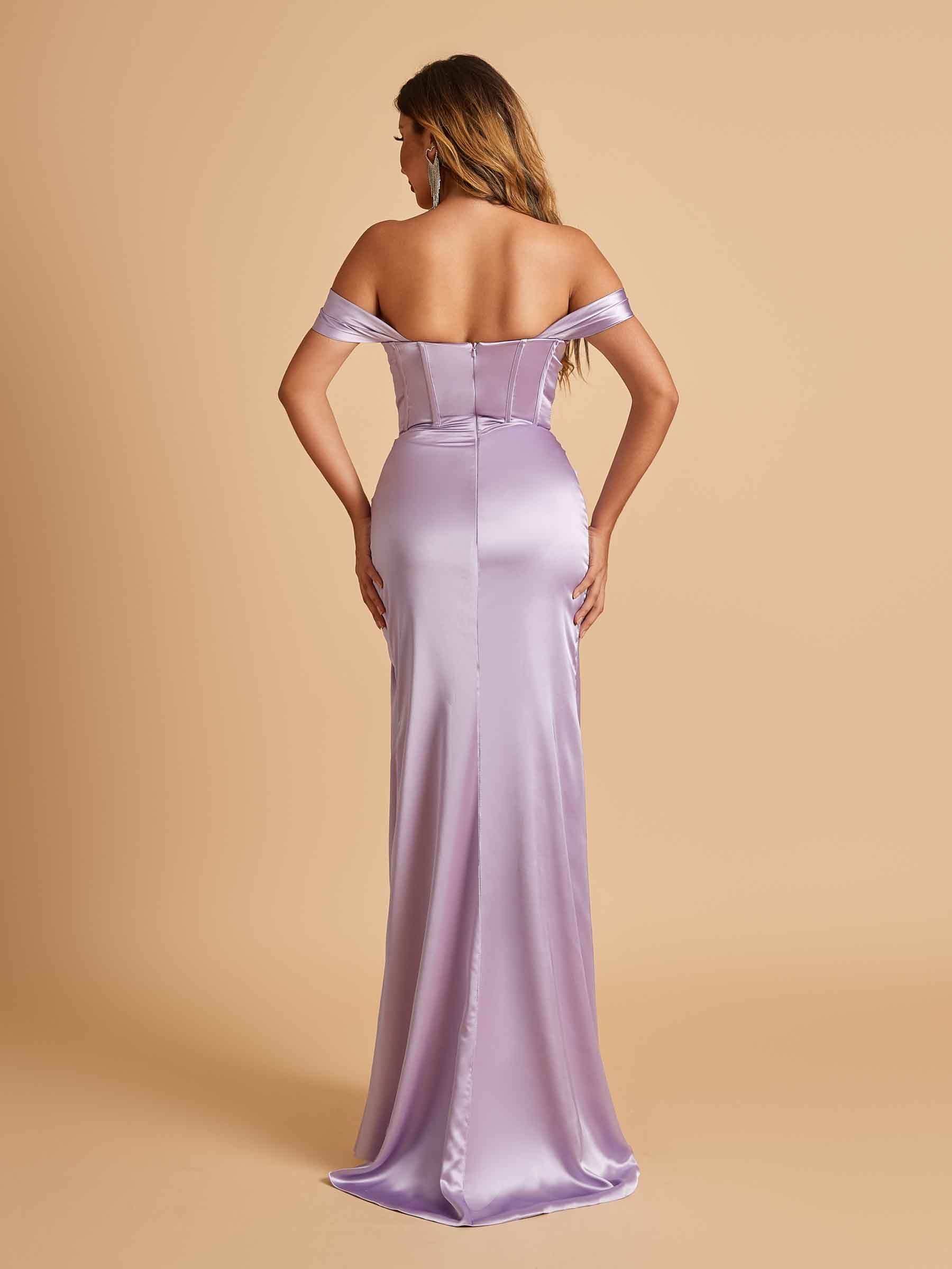 Satin Corset Off Shoulder Prom Dresses Sheath Side Slit Floor Length